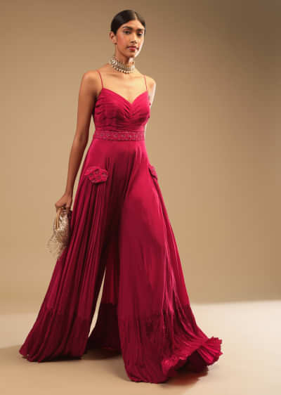 Rani Pink Jumpsuit In Crepe With Tiered Flare, Pleated Bodice And 3D Embroidered Belt And Pocket Detail  