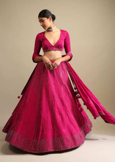 Rani Pink Lehenga In Satin Blend Embellished With Kundan Work In Striped Design 