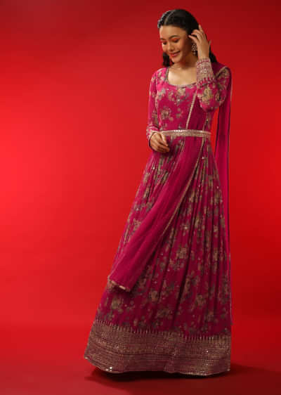 Azalea Pink Anarkali Suit In Georgette With Floral Print And Zari Work