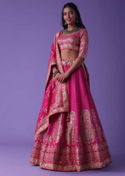 Rani Pink Bandhani Weave Banarasi Silk Meenakari Embroidered Lehenga