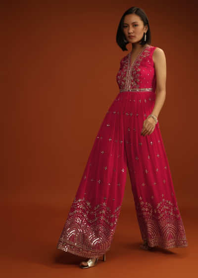Rani Pink Jumpsuit In Georgette With Zari And Sequins Embroidered Buttis And Mughal Motifs