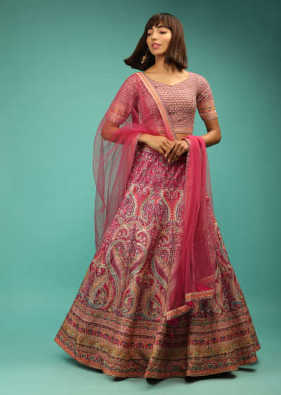 Rani Pink Lehenga Choli With Ethnic Floral Print And Zari Accents 