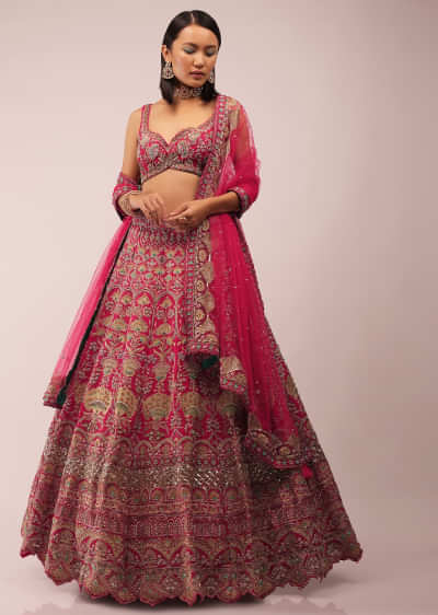 Rani Pink Lehenga In Golden Zari Work Embroidery Inspired By Mughal Architecture With Matching Net Dupatta In Embroidered Buttis