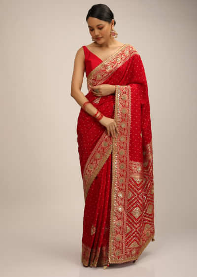 Red Saree In Silk With Brocade Geometric And Floral Design On The Pallu And Gotta Embroidery