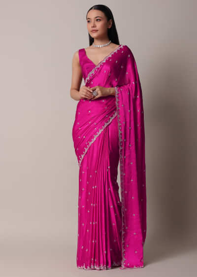 Rani Pink Satin Chinon Saree With Scallop Border And Unstitched Blouse Piece
