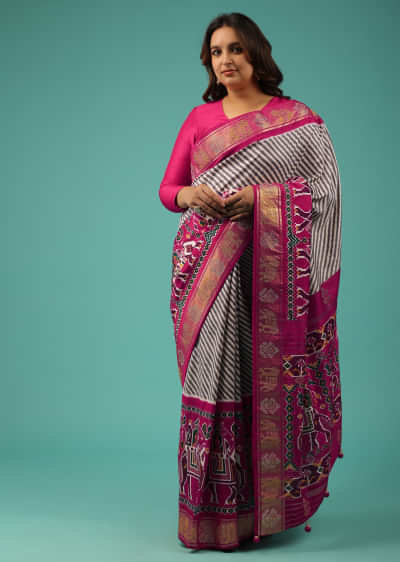 Rani Pink Soft Silk Patola Saree With White And Brown Stripes And Stick On Kundan Work