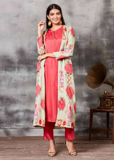 Raspberry Red Straight Cut Suit With Ikkat Printed Jacket Online - Kalki Fashion
