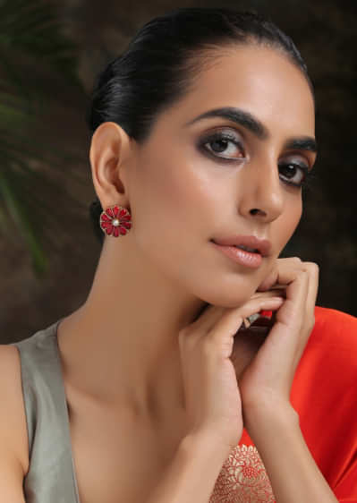 Red And Gold Stud Earrings In Floral Shape Studded With Ruby Red Stones And Kundan By Paisley Pop