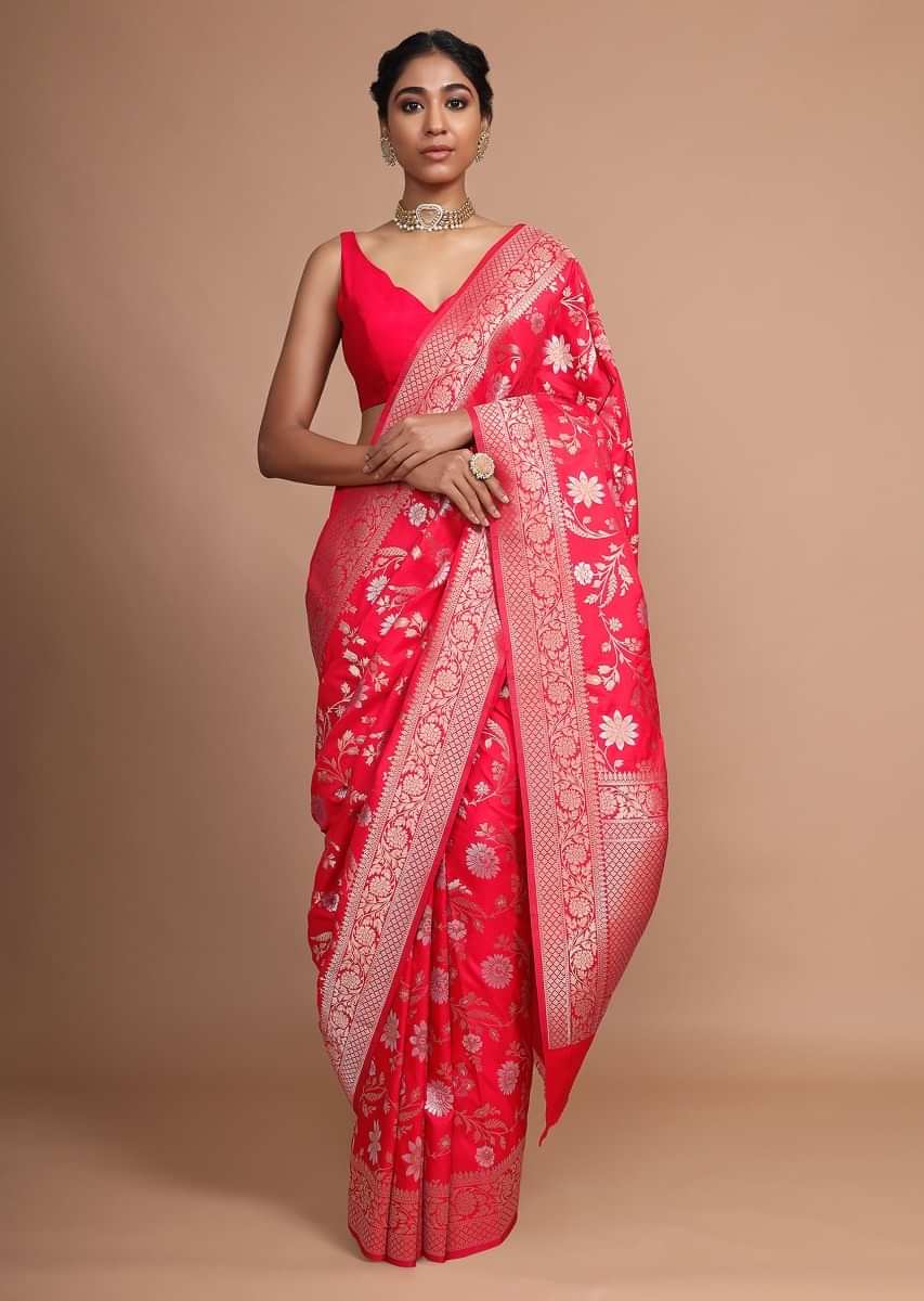 Red Banarasi Saree In Silk With Weaved Floral Jaal