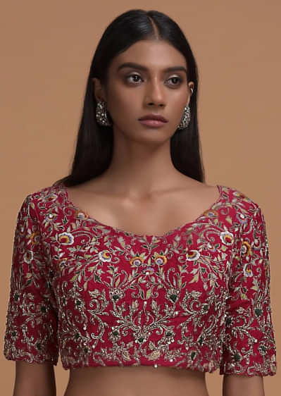 Red Blouse In Raw Silk With Resham And Zardozi Embroidered Floral Jaal