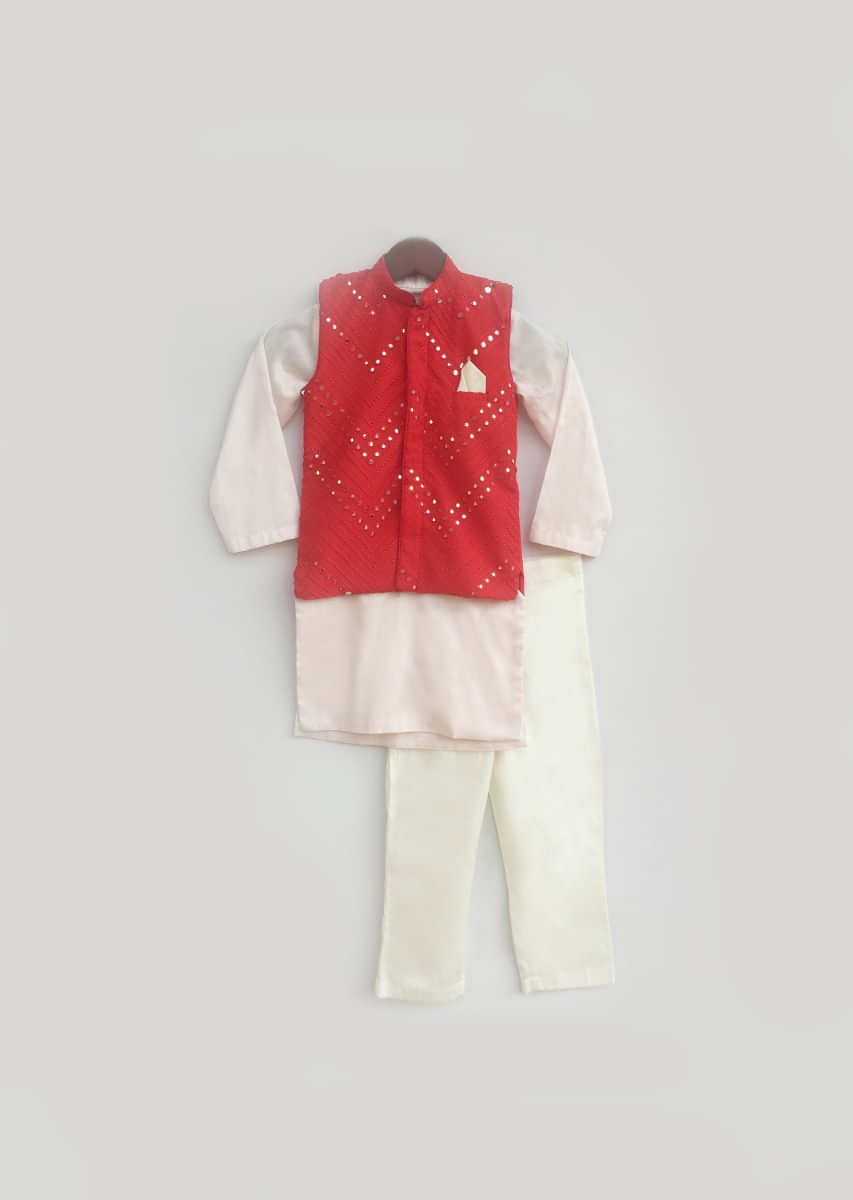 Kalki Boys Red Nehru Jacket With Intricate Mirror Work And Pastel Pink Kurta Set By Fayon Kids