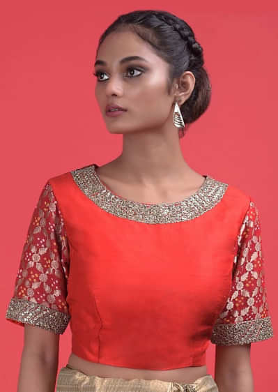 Red Raw Silk Blouse With Weaved And Bandhani Sleeves