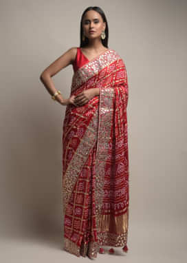 Red Saree With Bandhani And Gotta Work Along With Unstitched Blouse