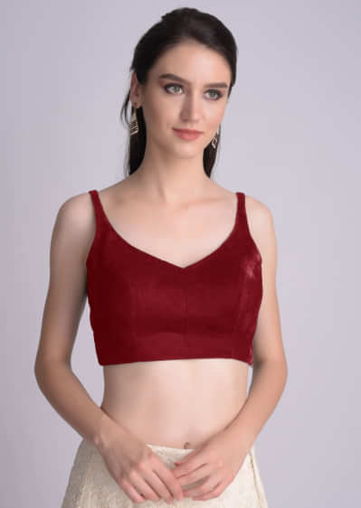 Red Sleeveless Blouse With Leaf Shaped Neckline