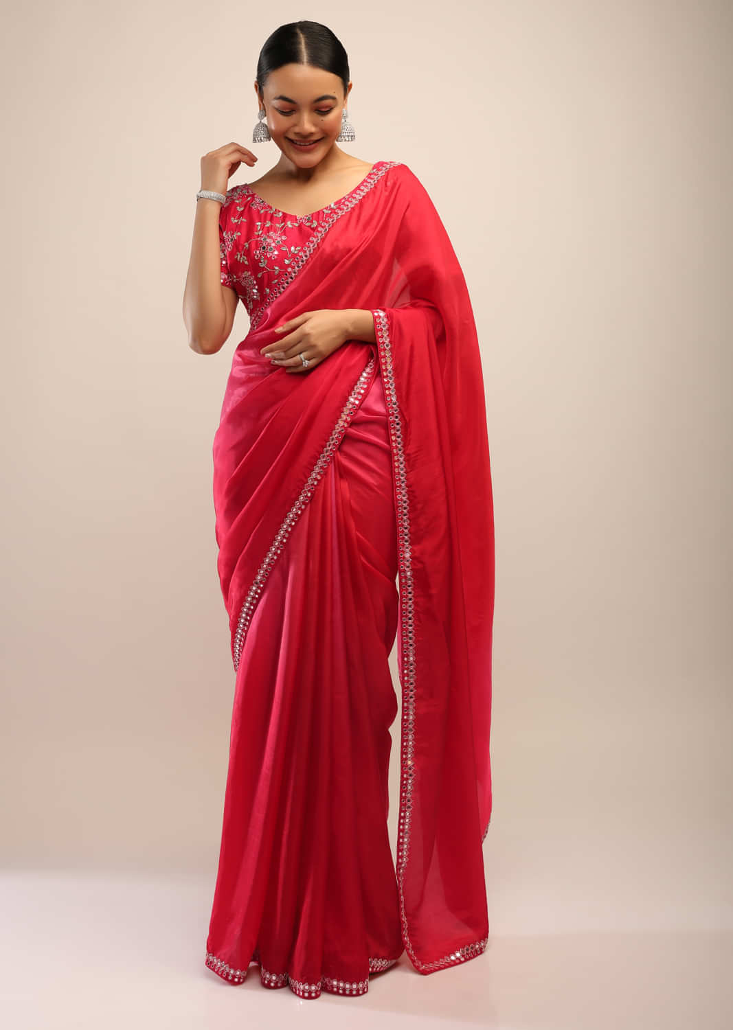 Red And Fuchsia Shaded Saree In Satin Crepe With Mirror Abla Embroidered Border And Ready Blouse