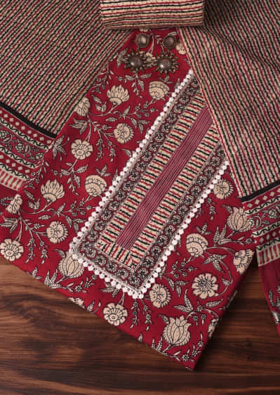 Red Cotton Kalamkari Printed Unstitched Dress Material