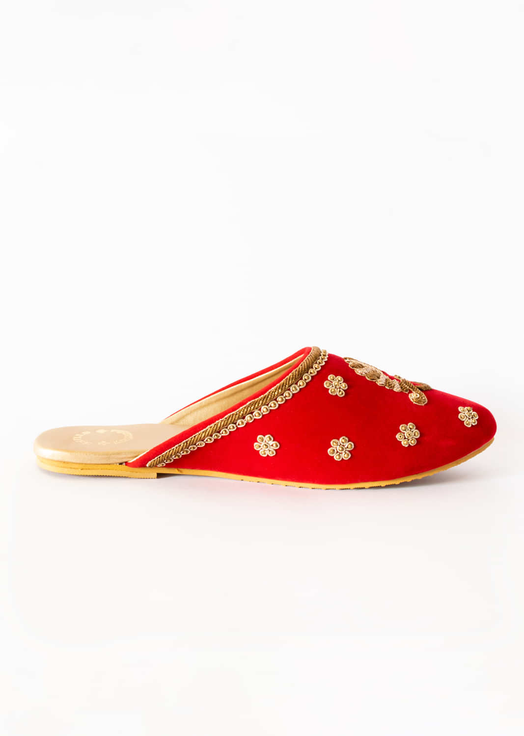 Fiery Red Embroidered Mules In Velvet With Zari And Thread Work