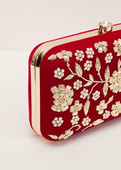 Apple Red Floral Clutch On Silk Fabric With Zardosi Work