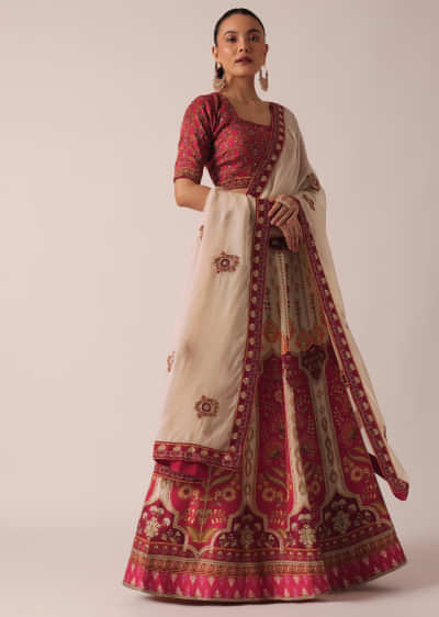 Red Floral Print Lehenga Set With Sequin Work