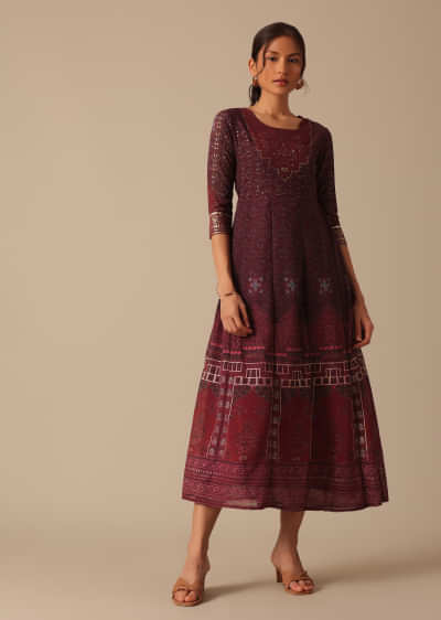 Red Foil Printed Kurta With Sequin Work