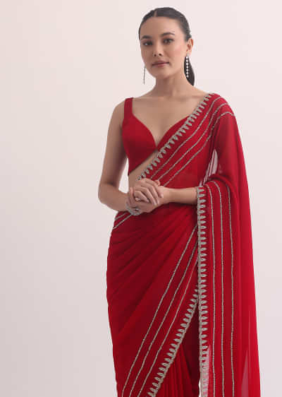 Red Georgette Saree In Cutdana Embroidery With Unstitched Blouse