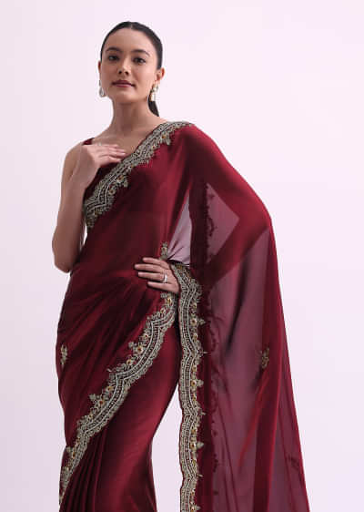 Red Glass Tissue Saree With Sequin Scallop Border And Unstitched Blouse Fabric