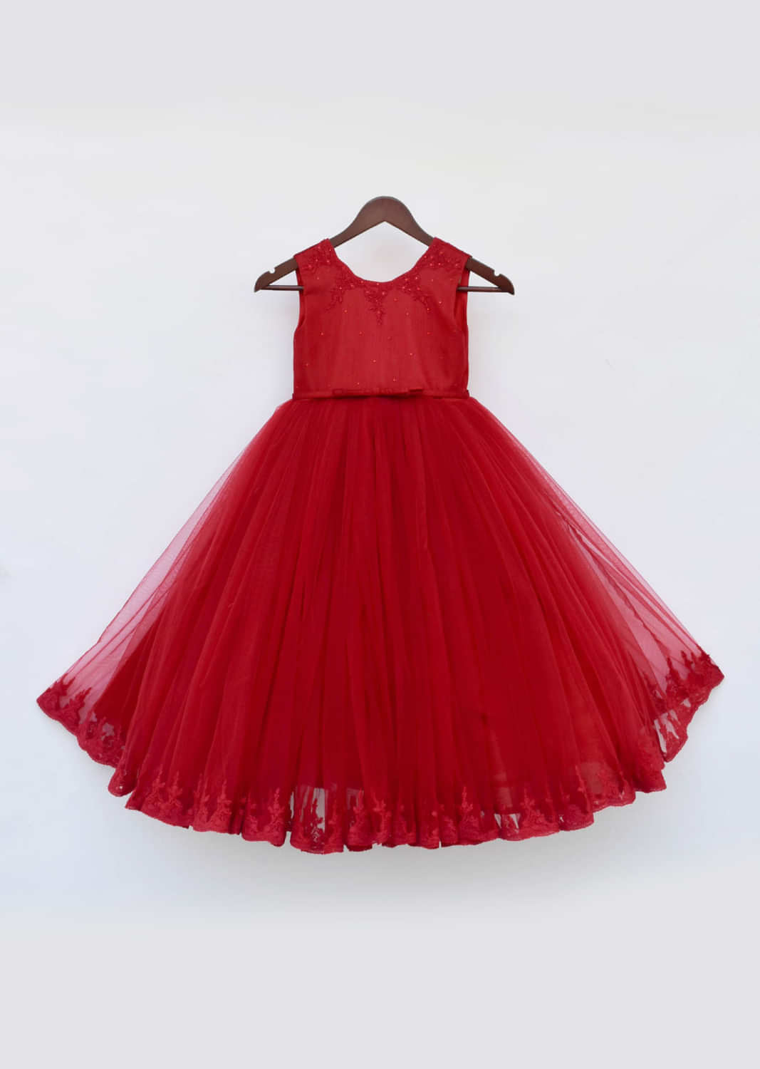 Kalki Girls Red gown in silk with net flare and white sequin flower by fayon kids