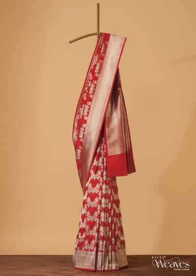 Red Handloom Banarasi In Katan Silk With Golden Weave And Unstitched Blouse