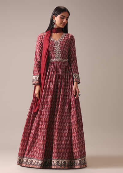 Red Indie Print Anarkali Suit Set In Art Silk