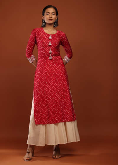 Red Kurta In Cotton With Bandhani Buttis And Moti Detailed Tassels And Sleeve Cuffs