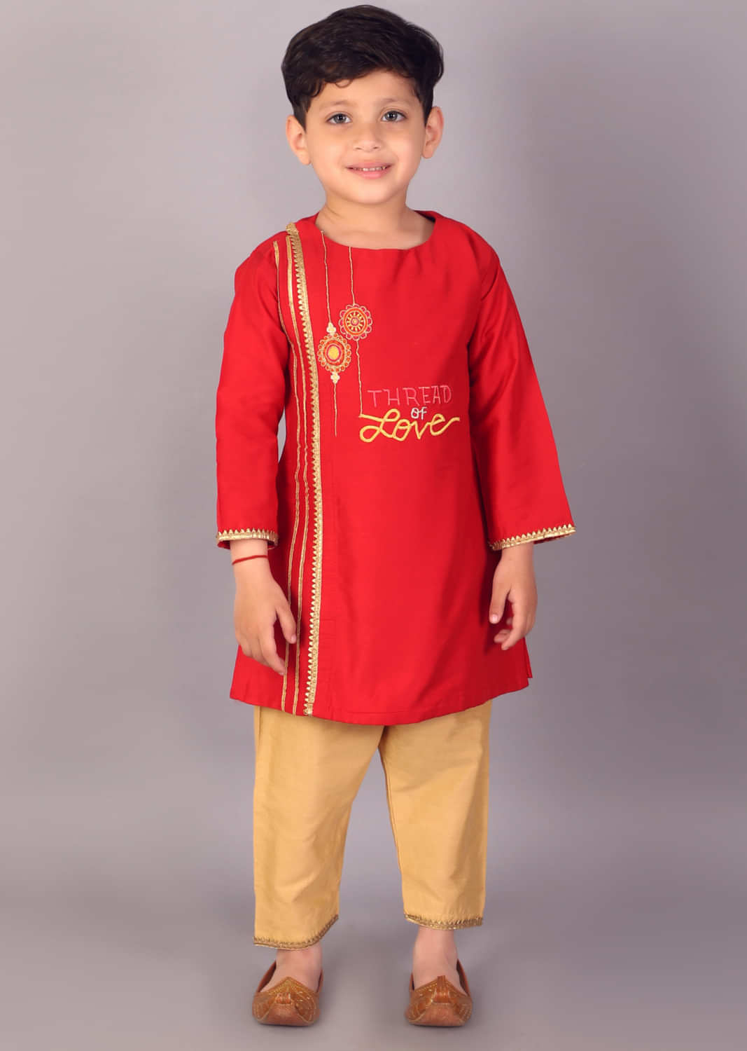 Kalki Boys Red Kurta Set In Cotton Silk With Gotta Lace Embroidery Detailing