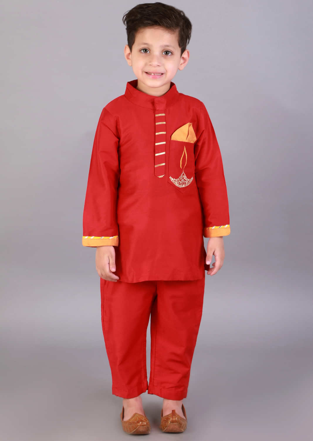 Kalki Boys Red Kurta Set With Embroidered Fire Lamp Motif And Gotta Lace Work