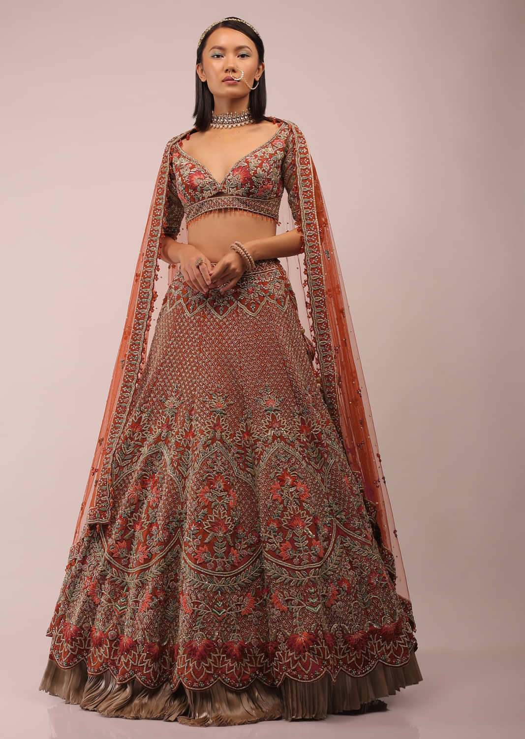 Red Lehenga In Floral Motifs Inspired By Mughal Design Embroidered In Resham And Beads In Kalis, Choli In Scalloped Neckline In Resham Work Embroidery