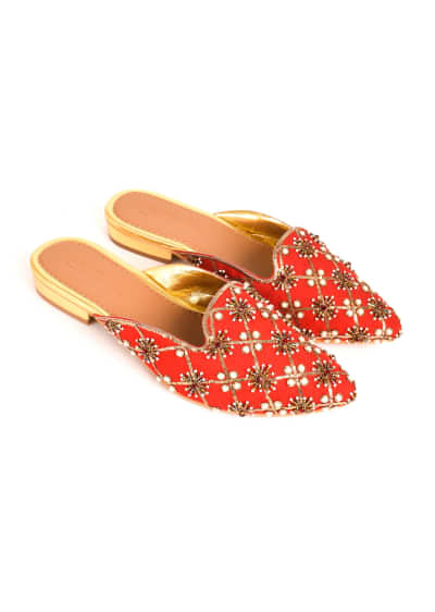 Red Loafers With Maroon Swarovski And Gold Nakshi Work By Sole House