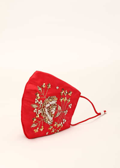 Red Mask In Satin Silk With Moti And Zardosi Embroidered Floral Motif