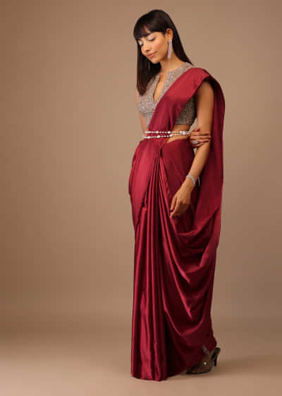 Red Milano Satin Saree With V Neck Hand Embroidered Crop Top