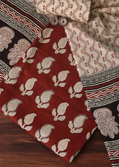 Red Cotton Block Print Unstitched Dress Material