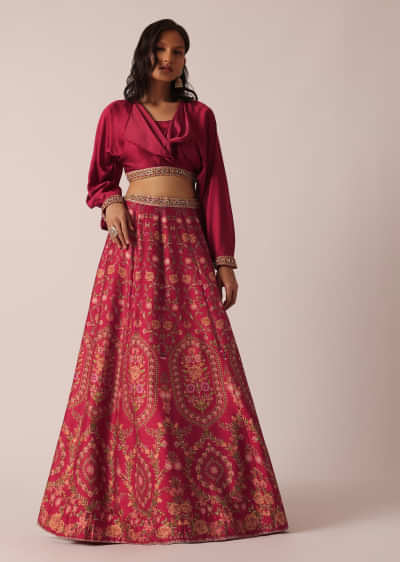 Red Printed Blouse And Lehenga Set With Sequin Work