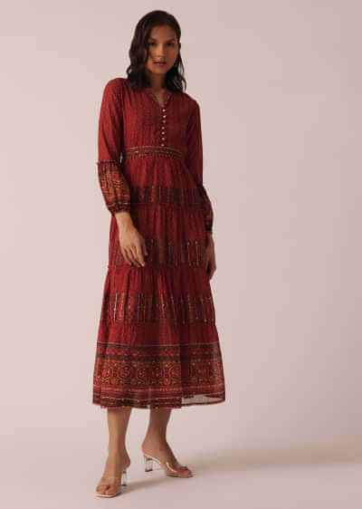 Red Printed Kurti With Belt
