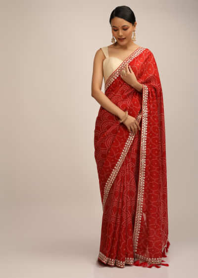 Red Saree In Organza With Bandhani Print And Gotta Embroidered Border