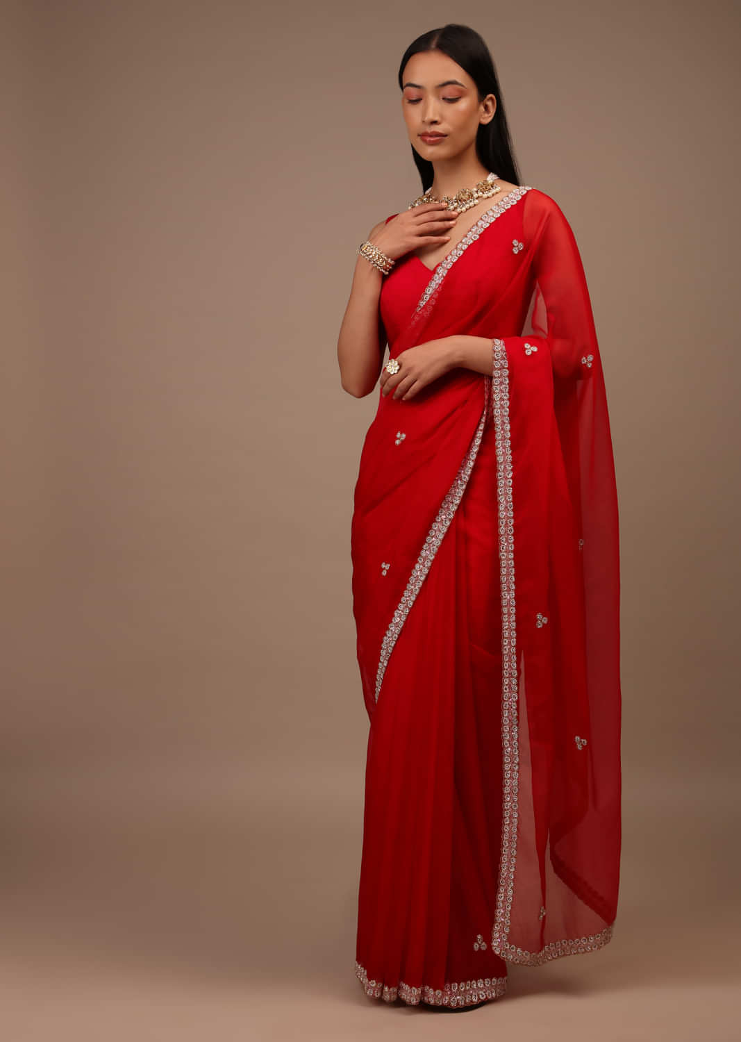 Red Saree In Organza With Hand Embellished Cut Dana And Moti Detailing On The Border