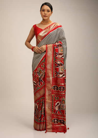 Red Saree In Silk With Multi Colored Patola Print And Diagonal Stripes