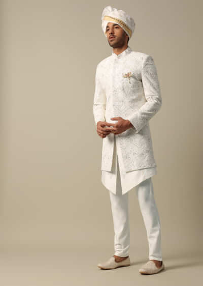 Regal White Silk Sherwani Set For Grooms