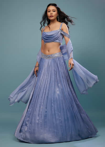 Airforce Blue Embroidered Lehenga In Satin