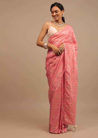Rose Pink Saree In Dola Silk With Lurex Woven Geometric Jaal And Unstitched Lucknowi Blouse