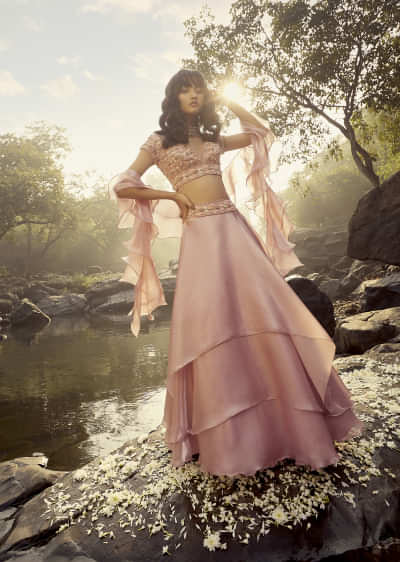 Rose Pink Skirt And Crop Top Set With Asymmetric Layers, Bead Work And Ruffle Dupatta