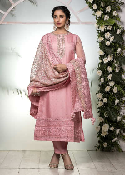 Rose Pink Straight Cut Suit With Zardosi Work On The Yoke And An Organza Dupatta With Multicolor Thread Work In Paisley And Floral Jaal  