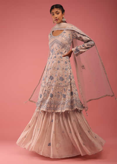 Rose Smoke Anarkali Suit In Multi-Color Resham Work Embroidery, It Is Crafted In Organza In 3/4Th Sleeves