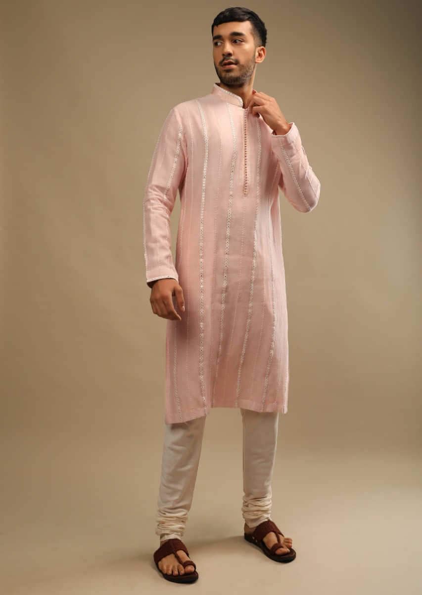 Rosewater Pink Kurta Set In Chanderi Silk With Lucknowi Thread And Abla Embroidered Striped Design  