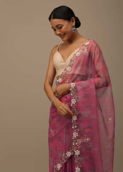 Rouge Pink Cutdana Embroidered Saree In Organza With Floral Print